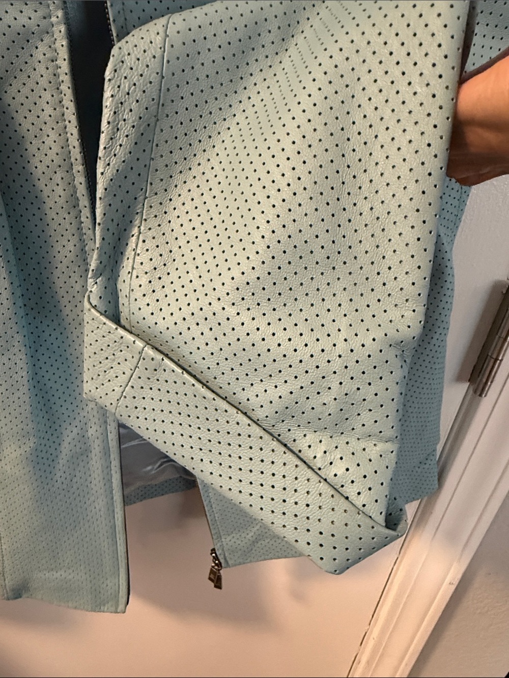 Pamela McCoy Aqua Perforated Leather Zip-Front Jacket - Picture 5 of 7